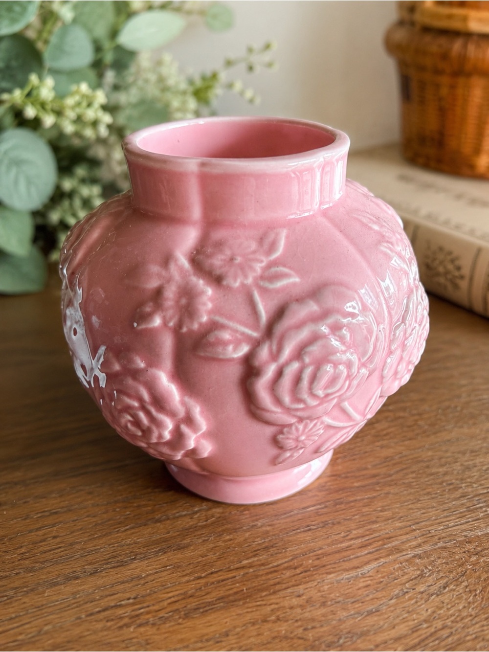 Vintage Pink Floral Relief Vase | Romantic Cottagecore Ceramic Decor
